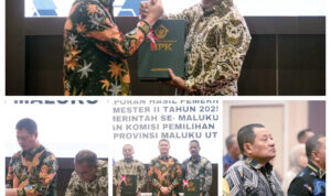 Wakil Bupati Ahlan Djumadil bersama Sekda Bahri Sudirman dan Ketua DPRD Zulkifli Hi Bayan menghadiri acara penyerahan LHP Semester II Tahun 2025 oleh BPK RI Perwakilan Maluku Utara. (Foto: Dok. Istimewa)