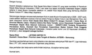Surat PT. Malut Maju Sejahtera perihal Perubahan Nama Klub Malut United FC menjadi Jateng FC. (Foto: Dok. Ist)