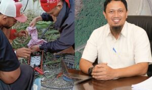 Kepala Dinas Kominfosandi Andi Ismail Akbar (kanan) petugas melakukan perbaikan jaringan Telkomdel. (Foto: Dok. Ist)